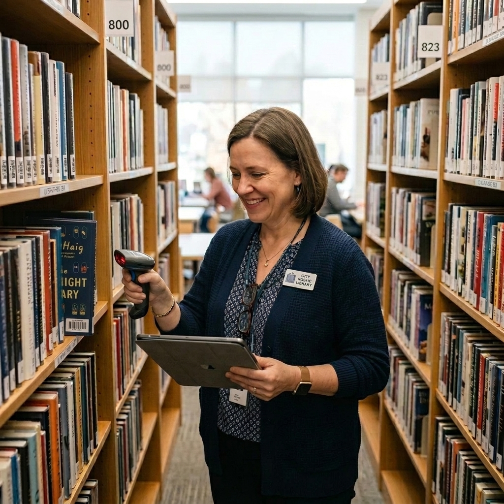 Librarian performing inventory audit
